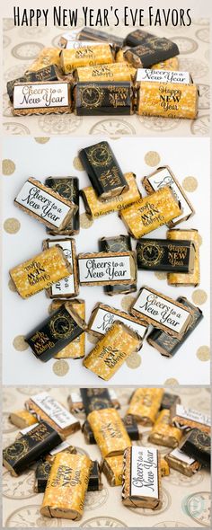 several different pictures of gold and black paper with the words happy new year's eve favors