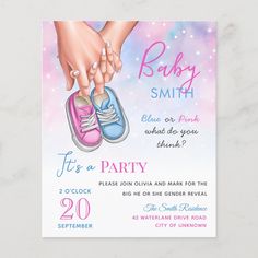 a pink and blue baby shower party card