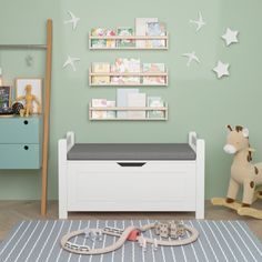 a child's room with toys and bookshelves