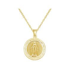 Crafted from 14k gold, this Our Lady of Grace Miraculous Medal pendant is a daily reminder of your faith. Crafted from 14k gold, this Our Lady of Grace Miraculous Medal pendant is a daily reminder of your faith. Chain length: 18 in. Chain type: rope Clasp: spring-ring Metal: 14k gold Finish: polished Inscription: "O Mary Conceived Without Sin Pray For Us Who Have Recourse To Thee" Packaging: boxed Please note, due to the high value of this item, a signature may be required upon delivery. Size: 1 Miraculous Medal Necklace For Anniversary, 14k Gold Necklace With Miraculous Medal For Anniversary, Anniversary Yellow Gold Jewelry With Miraculous Medal, Anniversary Necklace With Miraculous Medal, Commemorative 14k Gold Necklace With Polished Finish, 14k Gold Necklaces With Polished Finish For Commemoration, 14k Gold Miraculous Medal Necklace For Anniversary, Commemoration 14k Gold Necklace With Polished Finish, Yellow Gold Necklaces For Commemoration