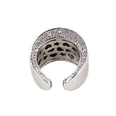 White metal ring with Swarovski crystals. Size: 17 Elegant Crystal Open Ring With Rhinestones, Luxury Silver Metal Rings, White Gold Crystal Rings With Rhinestones, Luxury Metal Rings For Party, Sparkling White Gold Crystal Ring, Luxury Metal Party Rings, Luxury Rhinestone Ring Jewelry, Silver Open Ring With Rhinestones, Silver Rings With Sparkling Crystal Stones