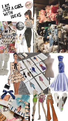 the collage shows different types of clothing and accessories, including hats, dresses, purses