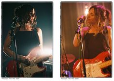 two pictures of the same woman playing guitar and singing into microphones, one with an electric guitar in front of her