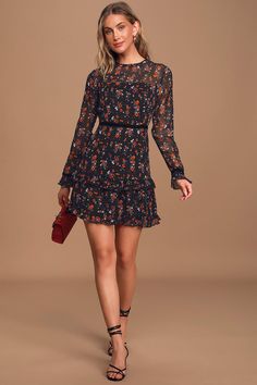 Black Floral Dress Outfit, Long Sleeve Dress Fall, Long Sleeve Mini Dress Casual, Short Dress Long Sleeve, Floral Short Dress, Black Floral Print Dress, Floral Dress Outfits, Fall Fashion Dresses, Floral Print Dress Long