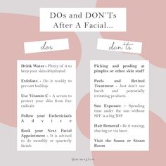 After Care For Facials, Esthetician Basics, Instagram Post Ideas For Esthetician, Dos And Donts Skincare, Facial Names Ideas, Esthetician Logo Ideas, Facial Aftercare, Esthetician Ideas, Skincare App