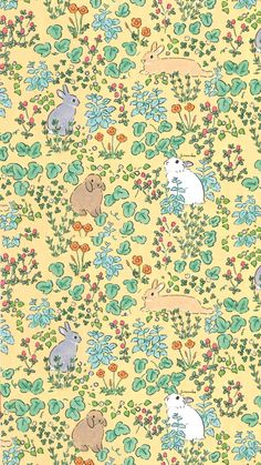 an animal themed wallpaper with rabbits in the grass and flowers on yellow background,