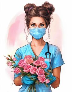 a woman wearing a face mask and holding pink roses in her hands with a stethoscope over her mouth