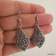 Ornate Antiqued Silver Filigree Teardrop Earrings - Silver Earrings - Wedding Gift - Bridesmaid Gift Sterling Silver Intricate Teardrop Earrings, Sterling Silver Teardrop Earrings With Intricate Design, Silver Filigree Teardrop Earrings For Wedding, Ornate Silver Nickel-free Teardrop Earrings, Metal Teardrop Earrings For Wedding, Silver Teardrop Earrings With Intricate Design, Elegant Teardrop Oxidized Earrings, Elegant Oxidized Finish Teardrop Dangle Earrings, Elegant Teardrop Earrings With Oxidized Finish