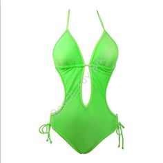 Not A Typical One Piece. Sexy Cut Outs Adjustable String Ties. Removable Padding. -No Damage -Never Worn #Swimsuits, Bikini, Sexy One Piece, Swimwear, Onepiece, Beach Wear Party Swimwear With Lined Body In Green, One-piece Swimwear For Club And Beach Season, Green Halter Neck Bodysuit For Beach, Summer Club Bodysuit, Summer Club Beachwear Swimwear, Green Backless Beachwear Bodysuit, Summer Club One-piece Swimwear, Summer Swimwear For Club And Beach Season, Green Triangle Top Bodysuit For Poolside