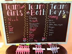 a blackboard with pink and blue writing on it that says team girls both boys