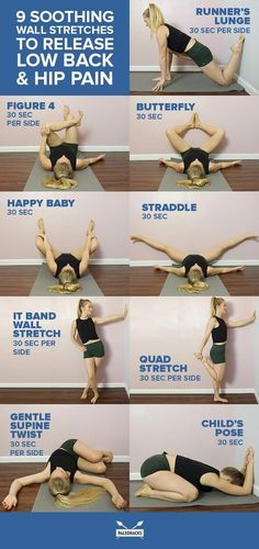 9 Soothing Wall Stretches To Release Low Back And Hip Pain Wall Yoga, Quad Stretch, Sciatic Nerve Pain