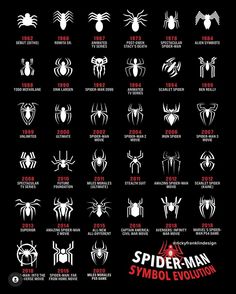 ALL SPIDER-MAN SYMBOL'S Spiderman Logo Symbols, Spider Man Symbol, Spider Powers, Scarlet Spider Ben Reilly, Symbols Tattoo, Spiderman Tattoo, Spiderman Logo, Verse Tattoos, Scarlet Spider