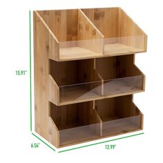 a bamboo shelf with six compartments on each side and one section open to show the contents