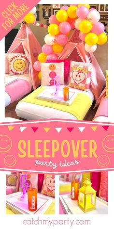 a pink and yellow sleepover party with balloons on the bed, table and decorations