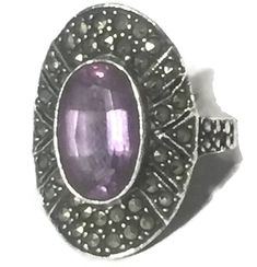 "Vintage Long Marcasite & Amethyst Ring w Art Deco Style Size 6.75 Weight 6.7g Length 1\" Width 5/8\" Rings are Delivered in a Gift Box Free Domestic USA Shipping & Free Postal Insurance If you do not want the ring polished and want to leave the natural patina please let me know at the time of purchase as I do polish rings before I ship rings out. Thanks USPS Domestic Shipping is free for buyers. If a buyer prefers to upgrade to priority, the buyer will pay that portion of the shipping c Vintage Rings With Stones, Collectible Amethyst Art Deco Rings, Collectible Art Deco Amethyst Rings, Art Deco Amethyst Oval Ring, Collectible Art Deco Purple Rings, Purple Art Deco Collectible Rings, Vintage Rings With Stones For Anniversary, Vintage Anniversary Rings With Stones, Vintage Purple Rings With Accent Stones