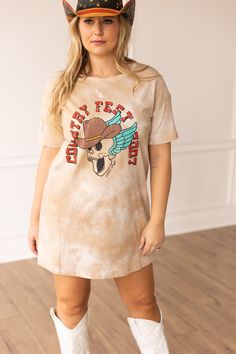 The Country Fest on Beige Tie Dye T-Shirt Dress is the perfect fusion of comfort and country-inspired fashion. Whether you're heading to a country music festival or simply want to embrace a laid-back yet chic look, this dress has you covered. Material: 100% Cotton Fit: Oversized Our model is wearing size One Size Tshirt Dress Country, Cowgirl Tshirt Dress, Relaxed Fit Cotton T-shirt For Country Festivals, Western Style Cotton T-shirt For Country Concerts, Retro Cotton T-shirt For Country Concerts, Country Fest, Country Music Festival, Summer Graphic Tee, Sweatshirt Set