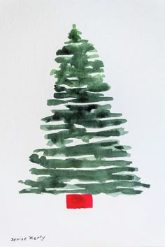 a watercolor painting of a christmas tree on white paper with red box underneath it