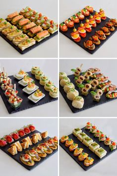 several different types of sushi are arranged on black trays and placed on white surface