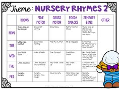 a printable calendar with the names of nursery rhimes and other things to do