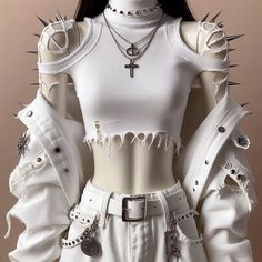 Alt White Outfits, White Cyberpunk Outfit, White Goth Outfit, White Punk, Techwear Fashion, Japan Outfit