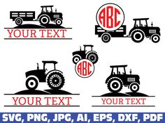 four farm tractors with monogrammed letters on the front and back, all in different sizes