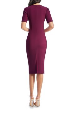 Step away, stylistically, from the standard sheath dress and stand out in this version, which makes an artful statement with its off-center neckline. 44 1/2" length (size Medium) Hidden back-zip closure Asymmetric square neck Short sleeves Lined 97% polyester, 3% spandex Dry clean or machine wash, line dry Imported Elegant Asymmetrical Semi-formal Dress, Fitted Bodice Midi Dress With Flattering Cut, Elegant Fitted Asymmetrical Midi Dress, Elegant Asymmetrical Fitted Midi Dress, Fitted Dress With Asymmetrical Neckline And Flattering Silhouette, Elegant Semi-formal Bodycon Dress, Elegant Asymmetrical Office Dress, Elegant Knee-length Midi Dress With Flattering Cut, Fitted Midi Dress With Asymmetrical Neckline And Flattering Silhouette