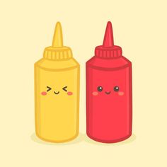 two bottles with faces drawn on them, one is yellow and the other is red