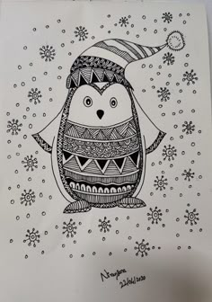 an ink drawing of a penguin wearing a santa hat and scarf with snowflakes