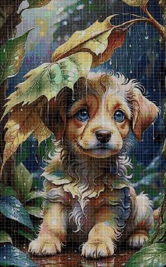 a painting of a puppy sitting in the rain