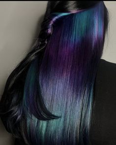 Blue Purple And Red Hair, Dark Brown With Peekaboo Color, Peacock Colored Hair, Blue And Teal Hair Ombre, Peekaboo Teal Hair, Brunette With Colorful Highlights, Black Hair Purple Peekaboo, Dark Brown Hair With Colorful Highlights, Purple And Blue Hair Highlights Peekaboo Color