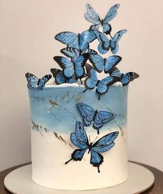 a blue and white cake with butterflies on it