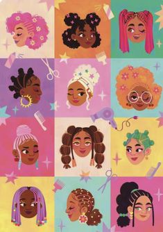 an illustration of different types of women with afros on their heads and hair styles