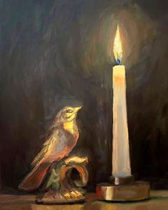 a painting of a bird sitting on a piece of wood next to a lit candle