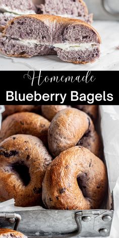 homemade blueberry bagels in a metal container