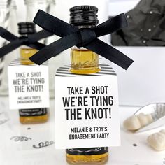 take a shot engagement party mini liquor tags Pretzels Wedding, Small Engagement Party, Fun Engagement Party, Backyard Engagement Parties, Engagement Party Diy, Engagement Party Themes, Engagement Party Planning, Rehearsal Dinner Favors, Dinner Planning