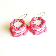 Clowncore Earrings, Hot Pink Icing, Lots Of Piercings, Large Birthday Cake, Silly Earrings, Pinup Jewelry, Birthday Cake Pink, Rockabilly Earrings, Crazy Earrings