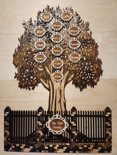 a tree cut out from wood with the words my family on it and an image of a bench underneath