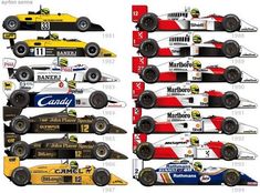 a group of racing cars sitting next to each other in front of a white background