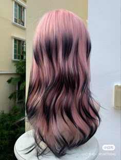 2 Shade Hair Color, Short Thick Bangs Long Hair, Copper Hair Streaks, Pink Blue And Black Hair, Layered Hair With Colored Tips, Hair Colour Ideas For Blue Eyes, Dark Eyebrows Hair Color, Pink Hair With Black Tips, Frosted Tips Hair