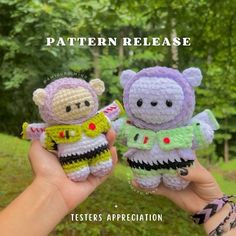 two small crocheted teddy bears are held in their hands with the caption, pattern release