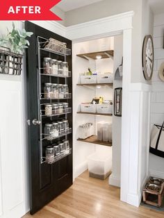 an open pantry door with clear containers on the shelves