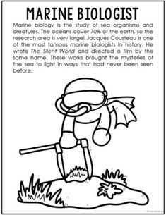 This marine biologist poster makes a perfect, no-prep supplement to your science unit study on ocean life. The short passage introduces key terms without being overwhelming. Print 2 to 4 to a page to save paper and to make just the right size for interactive notebooks. These make a perfect supplement to your read alouds and science videos.CLICK HERE to find this resource in the Scientists Poster Set!Terms of Use Copyright  Project Based Learning with Elle Madison. All rights reserved by the auth Marine Biology Experiments, Marine Biology Unit Study, Marine Biology Journal Pages, Marine Biology Activities High School, Ocean Currents Activity, Ocean Jobs Marine Biology, Famous Marines, Oceanography Marine Biology, Science Unit Studies