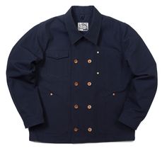 The Navy Blue Double Breasted Canvas Work Jacket is an instant classic. Handmade in small batches from heavy duty 12 ounce 100% cotton duck canvas, high stitch count, thick cotton wrapped thread and copper hardware all made in the U.S.A. Cut and sewn in house at the J.E. Landis workshop in Maryland on vintage industrial sewing machines dating from early to mid 20th century. Your Jacket features, ambidextrous double breasted front closure with brass grommet reinforced ring backed buttons handmade from 100 plus year old indian head pennies, a side loaded cell phone pocket on the left, hidden brass D.O.T. snap on the right flap pocket, heavy duty copper rivets at the stress points, and a hang tag for convenience. Available in sizes, 38, 40, 42, 44, 46. Fits true to size, but can be shrunk app Navy Cotton Outerwear With Buttons, Navy Cotton Outerwear With Button Cuffs, Cotton Utility Jacket With Double-needle Sleeve For Work, Navy Cotton Sport Coat For Work, Velvet Dinner Jacket, Industrial Sewing Machines, Canvas Work, Elegant Coats, Dinner Jacket