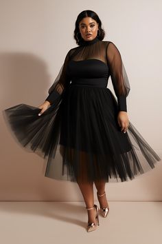 Xpluswear Design Plus Size Party Midi Dresses Elegant Black Fall Winter Mock Neck Tulle Long Sleeve See Through Mesh Midi Dresses [Pre-Order] Plus Zise, Plus Size Party, Midi Dress Elegant, Black Mock Neck, Look Plus Size, Look Formal, Plus Size Cocktail Dresses, Plus Size Party Dresses, Dresses Ideas