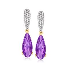 Ross-Simons - 2.50ct t. w. Amethyst, .27ct t. w. Diamond Drop Earrings in Gold. Richly colored 2.50 ct. t. w. amethyst droplets dangle from shimmering .27 ct. t. w. round brilliant-cut diamond posts on this pretty pair of earrings, offering a look of elegance so bold that they're sure to stun at any event. Crafted in 14kt white and yellow gold. Hanging length is 7/8". Post/clutch, diamond and amethyst drop earrings. Amethyst birthstones are the perfect gift for February birthdays. Luxury Amethyst Teardrop Earrings, Luxury Amethyst Drop Earrings, Luxury Hallmarked Amethyst Earrings, Luxury Amethyst Earrings With Gemstone Accents, Amethyst Multi-stone Drop Earrings, Amethyst Birthstone, February Birthday, Earrings In Gold, Diamond Drop Earrings