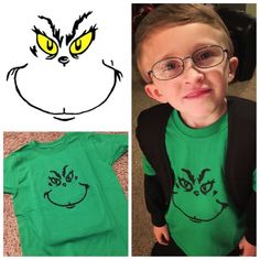 a young boy wearing glasses and green shirt with an angry grin face drawn on it