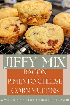 bacon and pimentoo cheese corn muffins on a cooling rack with text overlay