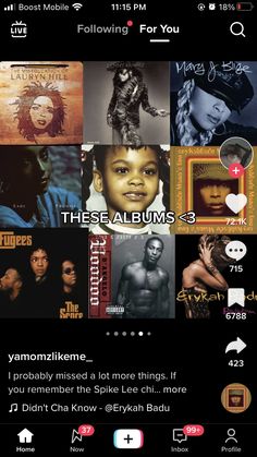 the music player on an iphone screen with various album covers and other things to read