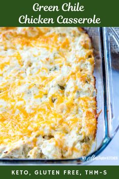 a cheesy casserole in a glass dish on top of a table