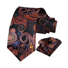 Paisley Floral Tie Handkerchief Set - BLACK/ORANGE Black Fitted Tie With Pocket Square, Classic Black Pocket Square, Black Suit And Tie Accessories With Pocket Square, Classic Black Neckwear As A Gift, Classic Black Neckwear For Gift, Classic Black Neckwear Gift, Silk Crafts, Business Party, Paisley Tie